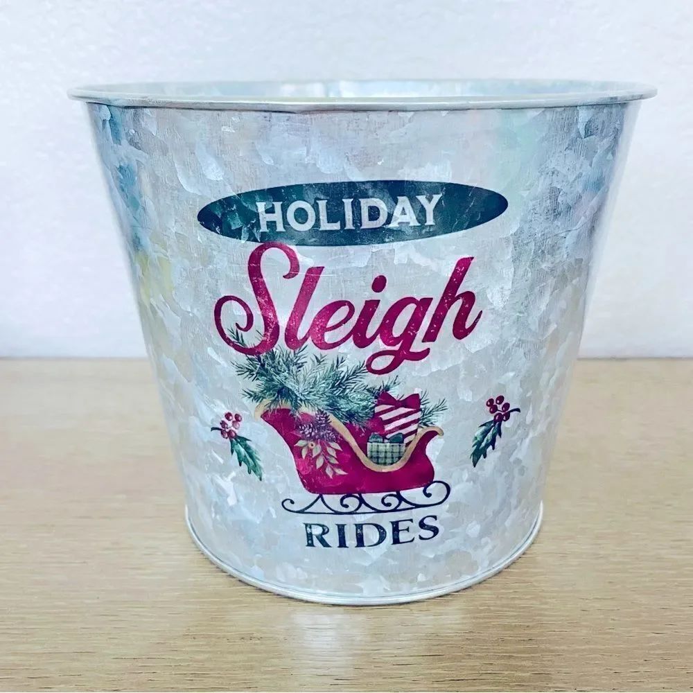 Galvanized Holiday Sleigh Rides Tin Bucket Vase Decor